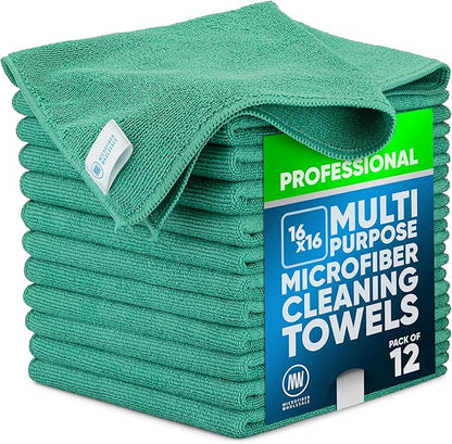 MW Pro Microfiber Cleaning Cloth | Green (12 Pack) | Size 16" x 16" | All Purpose Microfiber Towels - Clean, Dust, Polish, Scrub, Absorbent