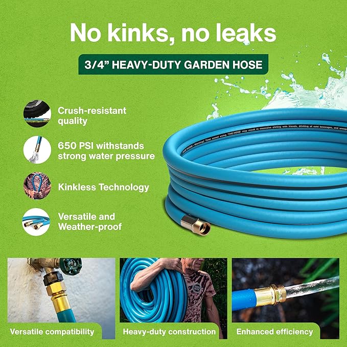 Aeromixer THE HOSE - 3/4 Inch Garden Hose 75 Ft, Kinkless Commercial Garden Hoses, Heavy Duty Industrial Water Hoses for Outdoors, 650 PSI High-Pressure Watering Tool for Farming and Gardening