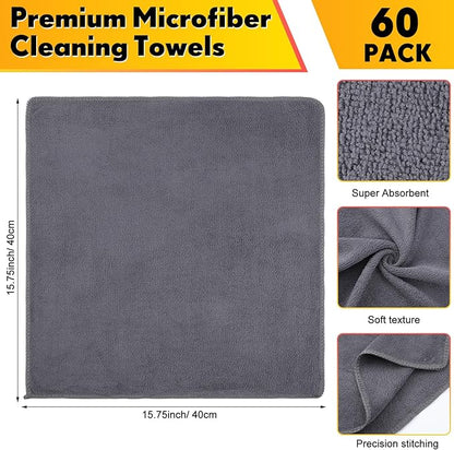 Nuenen Microfiber Cleaning Cloths for Cars 16 x 16 Inch Ultra Absorbent Car Towels Drying Reusable Cleaning Supplies House Kitchen Window Microfiber Towel (Gray,60 Pcs)