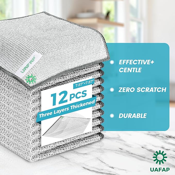 UAFAP 12 PCS Non Scratch Wire Dishcloth, Cleans Fast Without Scratching, Stands Up to Stuck-on Grime, Multi-Surface Safe, Wire Dishwashing Rag Cleaning Power for Everyday Jobs 7.87“ x 7.87”