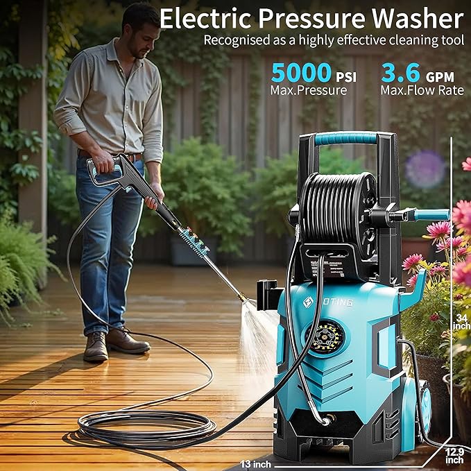 2026Upgraded Pressure Washer 5000PSI with Adj-8-Level Touch Screen, 34" Tall Power Washer, 4 Quick Connect Nozzles, Inlet Hose&Filter&500mlFoam Cannon for Cars/Fences/Driveways,Blue
