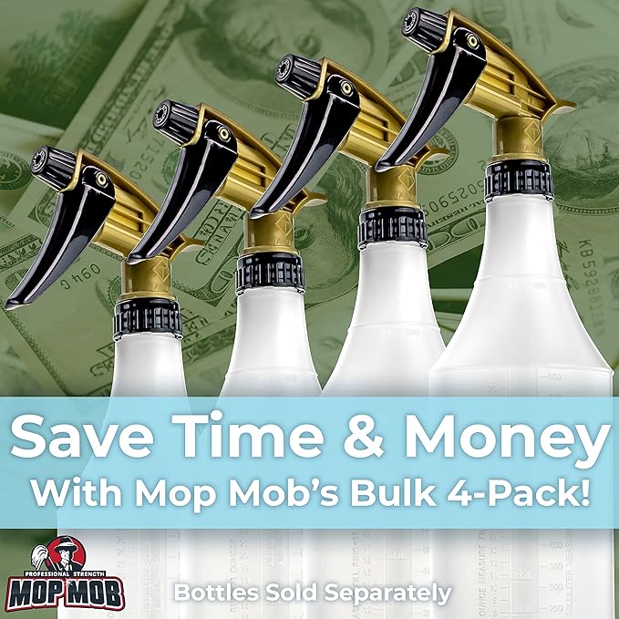 Mop Mob Leak-Free Acid Resistant Spray Head 4 Pack by Durable Industrial Sprayer for Acid-Based Wheel Cleaner Used in Auto/Car Detailing. Heavy Duty Low-Fatigue Trigger and Nozzle with 9 1/4 Dip Tube