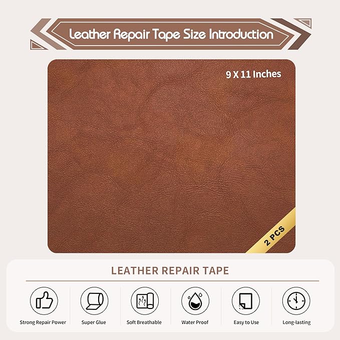 KING MOUNTAIN Leather Repair Patch,2 Packs 9 x 11 Inches self Adhesive Leather Repair Tape for Damaged Leather Furniture, Sofa Seating,Car Seats, Leather Goods（Classic Brown）