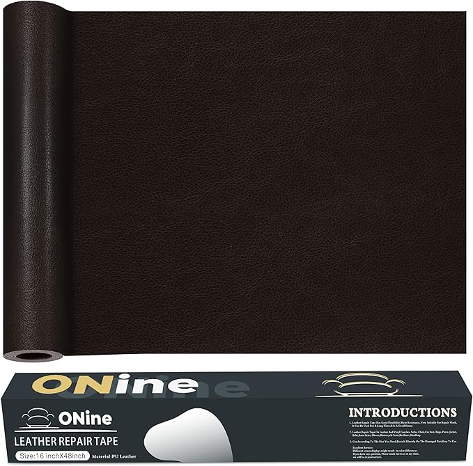 ONine Leather Repair Patch，Leather Repair Tape, 16 x 48 inches Leather Repair Patch for Furniture,Vinyl Repair kit，Leather Couch Patch，for Sofas, Furniture, car Seats(Black Brown)