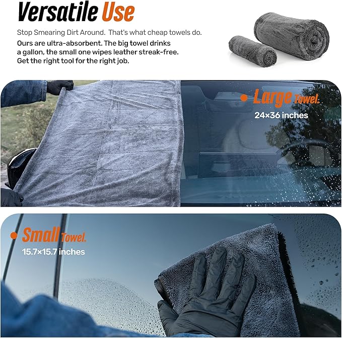 24"x36" 15.7"x15.7" Twisted-Loop Car Drying Towel Set, 1300GSM,Lint Free,Reusable,Streak Free, - Car Accessories,Bath Towels,Microfiber Cleaning Cloth for Car, Truck, SUV