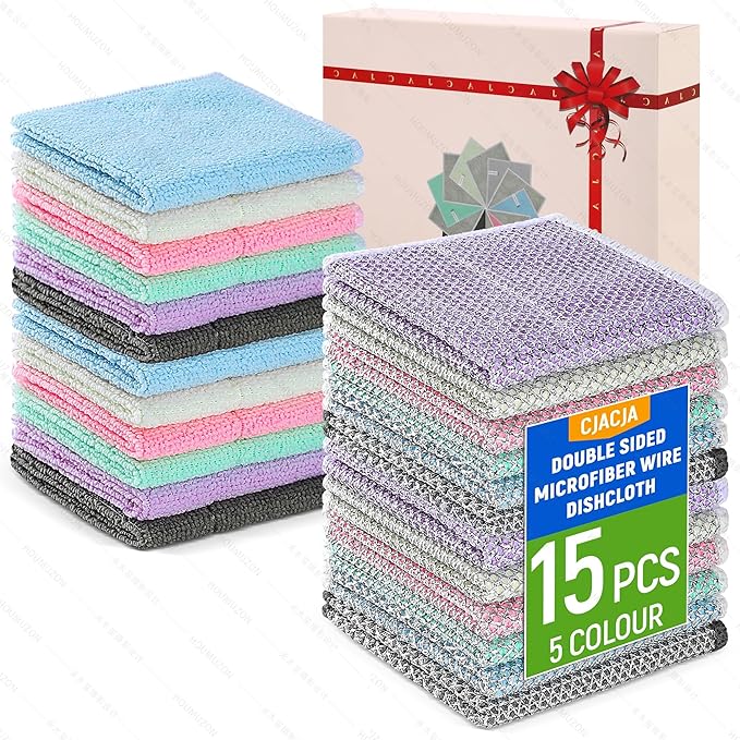 CJACJA Double Side Non Scratch Wire Dishcloth 15pcs-Multipurpose Wire Dishwashing Rags Wire Mesh Cleaning Cloth,Kitchen Towels and Dishcloths Sets Microfiber Cloth for Cleaning Pans Sinks & Cookware
