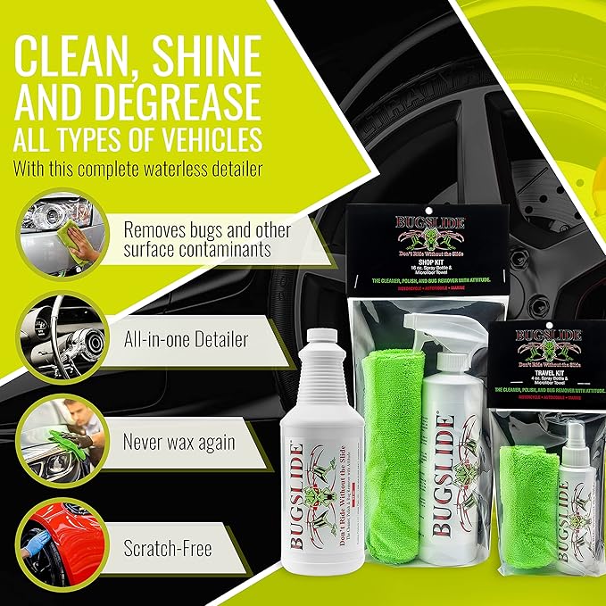 BugSlide Saver Pack, 4 oz Travel Kit with Microfiber Cloth, 16 oz Spray Kit with Microfiber Cloth, 32 oz Refill Bottle, Waterless Detailer, Cleans All Surfaces and Vehicles Without Scratching