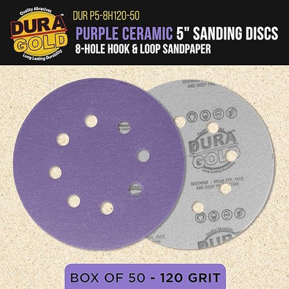 Dura-Gold Premium 120 Grit 5" Purple Film Ceramic Sanding Discs, 8-Hole Pattern, Box of 50 - Dustless Hook & Loop Backing Sandpaper for DA & Random Orbital Sanders - Sand Auto Paint, Wood, Woodworking
