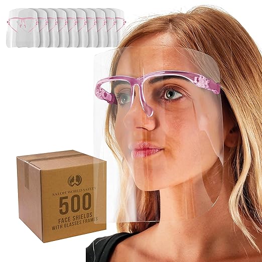 TCP Global Salon World Safety Face Shields with Pink Glasses Frames (Case of 500) - Ultra Clear Protective Full Face Shields to Protect Eyes, Nose, Mouth - Anti-Fog PET Plastic, Goggles