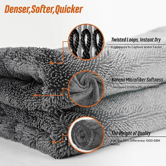 24"x36" 15.7"x15.7" Twisted-Loop Car Drying Towel Set, 1300GSM,Lint Free,Reusable,Streak Free, - Car Accessories,Bath Towels,Microfiber Cleaning Cloth for Car, Truck, SUV
