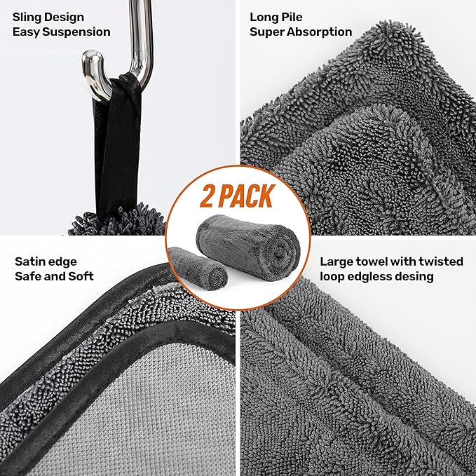 24"x36" 15.7"x15.7" Twisted-Loop Car Drying Towel Set, 1300GSM,Lint Free,Reusable,Streak Free, - Car Accessories,Bath Towels,Microfiber Cleaning Cloth for Car, Truck, SUV