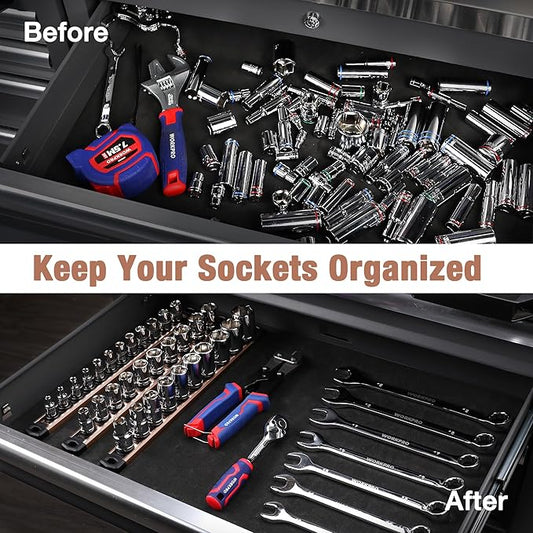 WORKPRO Magnetic Socket Organizer, 3/8-Inch Drive Aluminum Alloy Socket Rail, Heavy Duty Socket Holder, Socket Rack Kit 3/8-Inch x 10 Clips Champagne (Socket not Included)