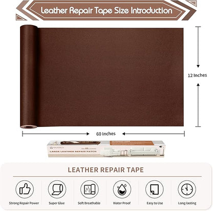 KING MOUNTAIN Leather Repair Patch, 12 x 60 Inches Self-Adhesive Repair Tape for Damaged Furniture, Seating, Car Seats, Goods (New Brown)