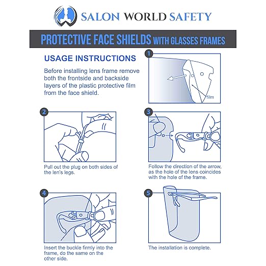 TCP Global Salon World Safety Face Shields with Blue Glasses Frames (Pack of 4) - Ultra Clear Protective Full Face Shields to Protect Eyes, Nose, Mouth - Anti-Fog PET Plastic, Goggles