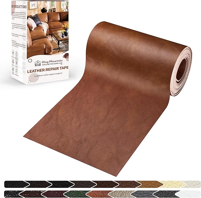 KING MOUNTAIN Leather Repair Patch,4 x 63 Inches self Adhesive Leather Repair Tape for Damaged Leather Furniture, Sofa Seating,Car Seats, Leather Goods（Classic Brown）