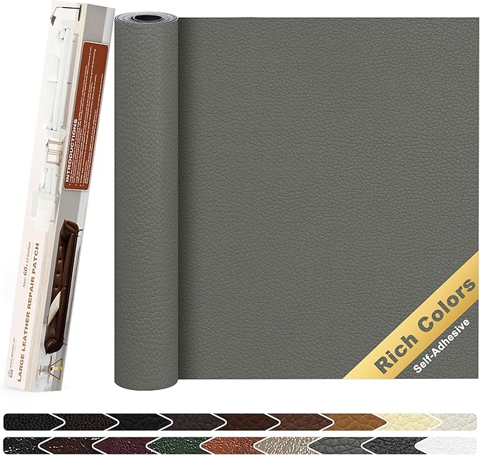 KING MOUNTAIN Leather Repair Patch,12 x 60 Inches self Adhesive Leather Repair Tape for Damaged Leather Furniture, Sofa Seating,Car Seats, Leather Goods（Gray）