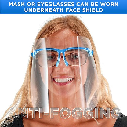 TCP Global Salon World Safety Face Shields with Blue Glasses Frames (Case of 500) - Ultra Clear Protective Full Face Shields to Protect Eyes, Nose, Mouth - Anti-Fog PET Plastic, Goggles