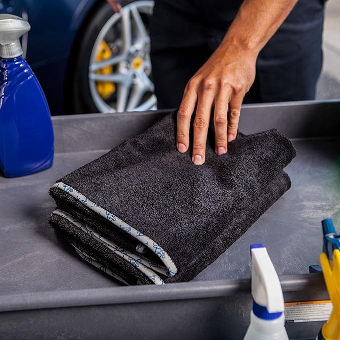 Detail Microfiber Car Towels Bulk (24"x 36") | 400 GSM | 80/20 Blend | Tagless | Soft Satin Piped Edges | All-Purpose Auto Detailing - Wax, Buff, Polish, Wash, Dry | Case of 64 (Black)