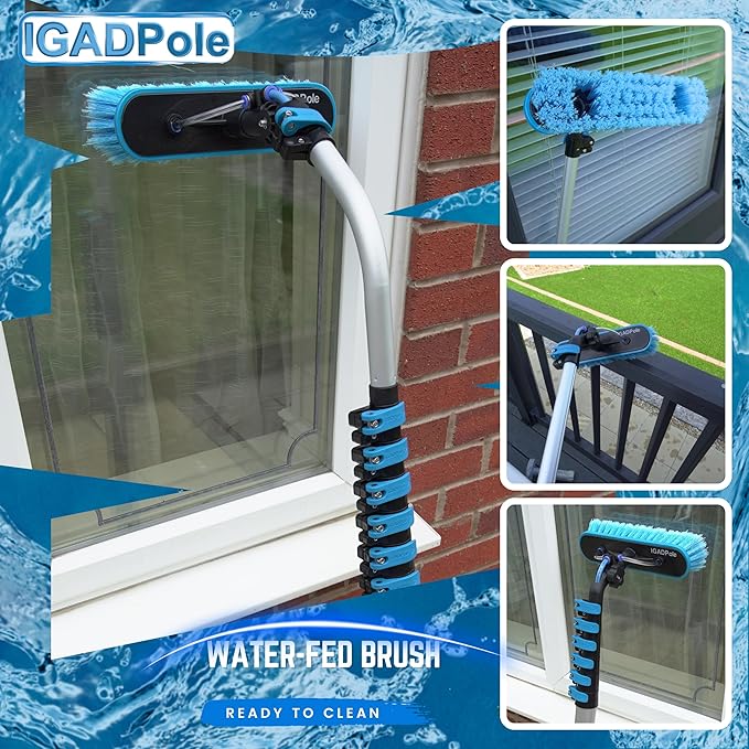 IGADPole 28 FT Water-Fed Washing Kit with Soap-Dispenser, Brush, 10″ Squeegee & Cobweb Duster for Windows, Gutters, Solar Panels & Exterior Walls