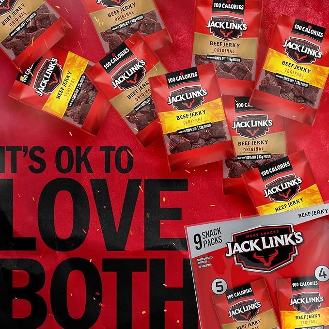 Jack Link's Beef Jerky Variety Pack - Includes Original and Teriyaki Jerky, Bulk Protein Snack Pack, Good Source of Protein, Meat Snacks Made with 100% Beef, Individual Bags - 1.25 Oz (Pack of 9)