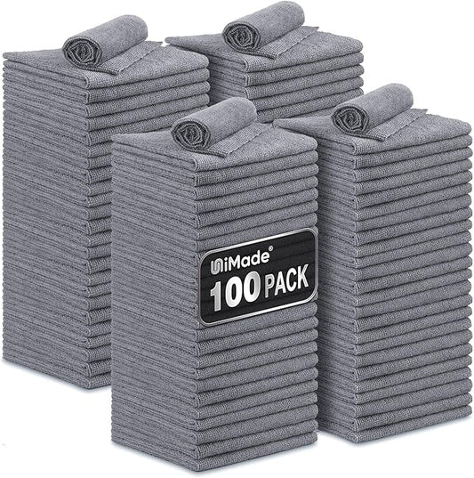 Microfiber Cleaning Cloth, 100 Pack Microfiber Towels for Cars Commercial Grade Work Rags Bulk Detailing Cloth for Automotive Bar Mechanic Restaurant Garage Housekeeping, 11.5"x 11.5", Grey