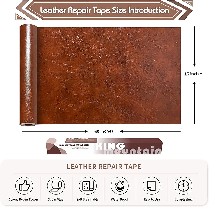 KING MOUNTAIN Leather Repair Patch, 16 x 60 Inches Self-Adhesive Repair Tape for Damaged Furniture, Sofa Seating, Car Seats, Goods (Brown)
