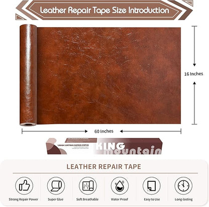 KING MOUNTAIN Leather Repair Patch, 16 x 60 Inches Self-Adhesive Repair Tape for Damaged Furniture, Sofa Seating, Car Seats, Goods (Brown)