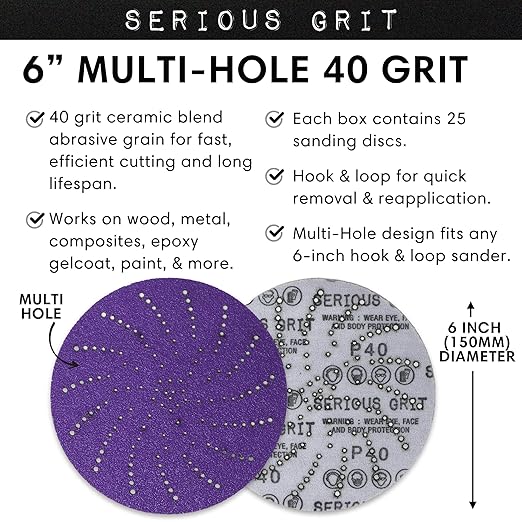 Serious Grit 6-Inch 40 Grit Ceramic Multi-Hole Hook & Loop Sanding Discs - Advanced Grain for Fast Cutting & Long Life - Film-Backed Universal Fit Sandpaper for 6-in Sanders - 25 Pack Box