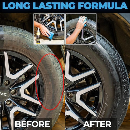 Tire Shine Gel Coating and Dressing (8oz) - High Gloss Wheel Tire Shine for Cars - No-Sling Anti-Stick Protection, Works on Rubber, Plastic, Vinyl - Incl 2 Microfiber Towels