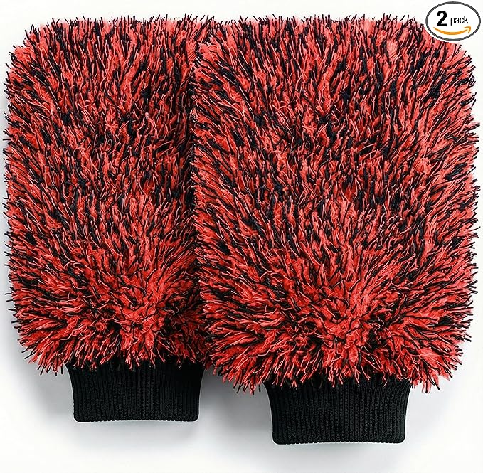 TAKAVU New Car Wash Mitt, 2 Pack Premium Cyclone Microfiber Washing Gloves, Holds Tons of Sudsy Water for Effective Washing, Machine Washable, Lint Free, Scratch Free (Red & Black)