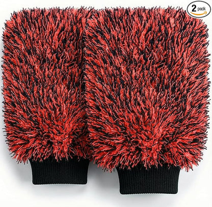TAKAVU New Car Wash Mitt, 2 Pack Premium Cyclone Microfiber Washing Gloves, Holds Tons of Sudsy Water for Effective Washing, Machine Washable, Lint Free, Scratch Free (Red & Black)