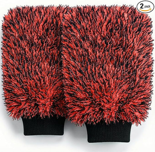TAKAVU New Car Wash Mitt, 2 Pack Premium Cyclone Microfiber Washing Gloves, Holds Tons of Sudsy Water for Effective Washing, Machine Washable, Lint Free, Scratch Free (Red & Black)