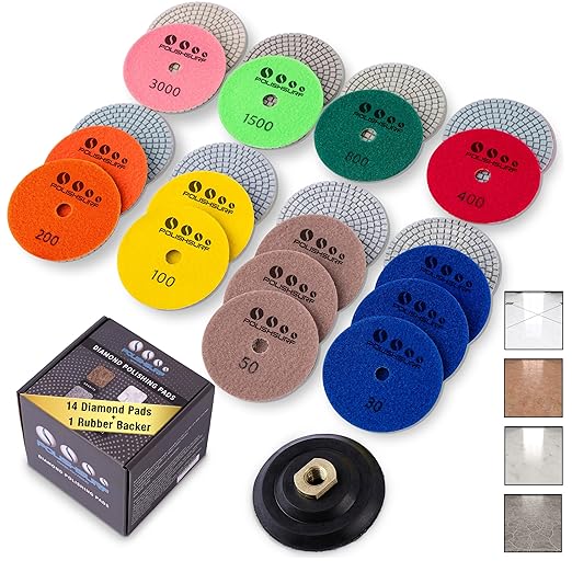 4 Inch Diamond Tile Polishing Pads for Grinder Polisher, 15 PCS Wet Dry Concrete Polishing Pads Kit including 5/8-11 Rubber Backer Pad and 30-3000 Grit Polishing Pad for Marble, Granite Polishing (15)