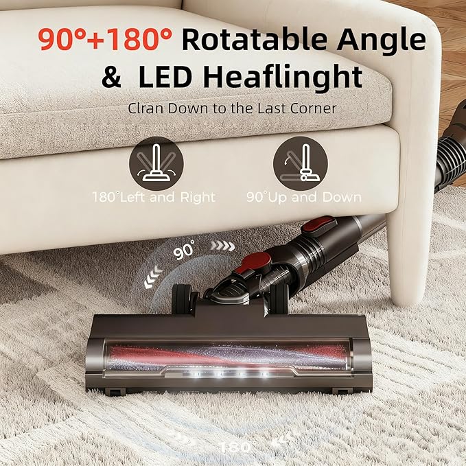 RONEAIR Cordless Vacuum Cleaner,Cleans Under Furniture Without Bending,450W 40Kpa 45Min Vacuum Cleaners for Home,Self-Standing,Powerful Stick Vacuum Cordless for Hard Floors,Carpets,Pet Hair,Car