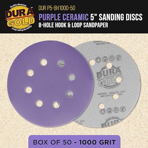 Dura-Gold Premium 1000 Grit 5" Purple Film Ceramic Sanding Discs, 8-Hole Pattern, Box of 50 - Dustless Hook & Loop Backing Sandpaper for DA & Random Orbital Sanders - Detail Color Sand Auto Paint Wood