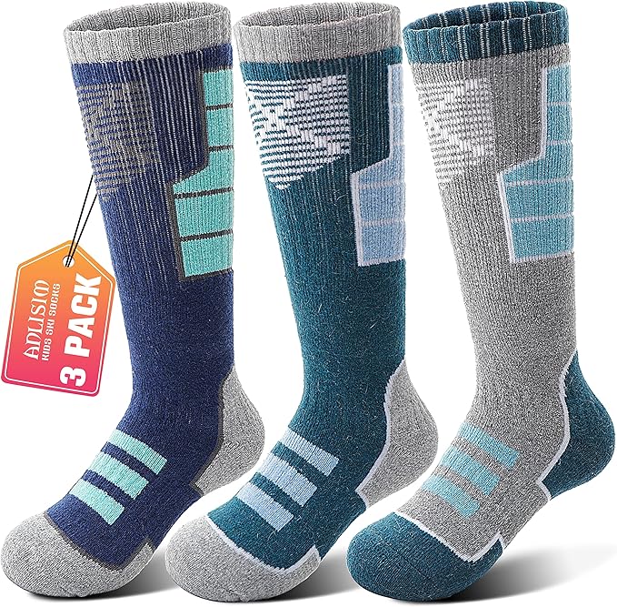 Anlisim Kids Merino Wool Ski Socks 3 Pairs Girls Boys Thermal Winter Warm Thick Breathable Socks for Skiing Snowboarding