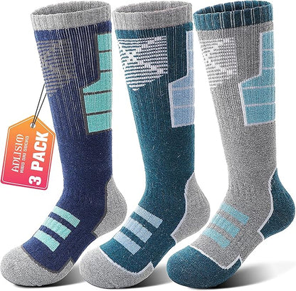 Anlisim Kids Merino Wool Ski Socks 3 Pairs Girls Boys Thermal Winter Warm Thick Breathable Socks for Skiing Snowboarding