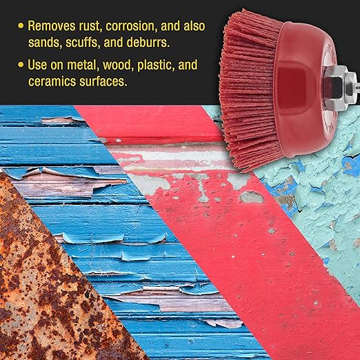 Dura-Gold 4" Abrasive Filament Nylon Bristle Cup Brush - 5/8" 11 Thread, 1/4" Hex Drill Shank Arbor, Coarse Grit Angle Grinder Brush for Truck Bed Liner Surface Prep, Sanding, Rust & Paint Removal