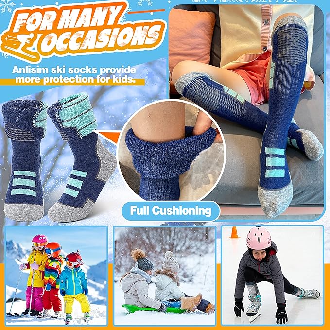 Anlisim Kids Merino Wool Ski Socks 3 Pairs Girls Boys Thermal Winter Warm Thick Breathable Socks for Skiing Snowboarding