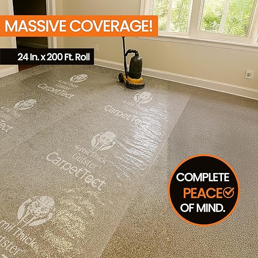 Gutster CarpetTect Floor Protection 24" x 200' | Heavy-Duty 4Mil Carpet Protection Film with Strong Adhesive | Plastic Carpet Protector & Surface Shield for Construction, Pets & Hardwood Floors