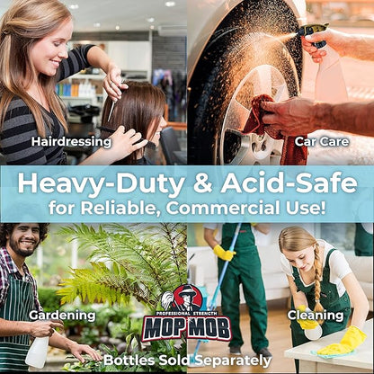 Mop Mob Leak-Free Acid Resistant Spray Head 4 Pack by Durable Industrial Sprayer for Acid-Based Wheel Cleaner Used in Auto/Car Detailing. Heavy Duty Low-Fatigue Trigger and Nozzle with 9 1/4 Dip Tube