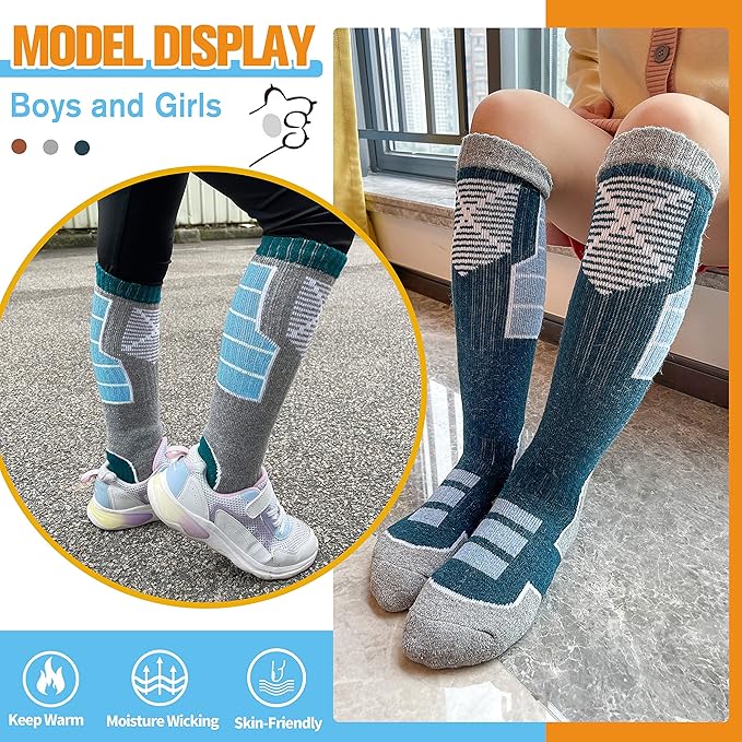 Anlisim Kids Merino Wool Ski Socks 3 Pairs Girls Boys Thermal Winter Warm Thick Breathable Socks for Skiing Snowboarding